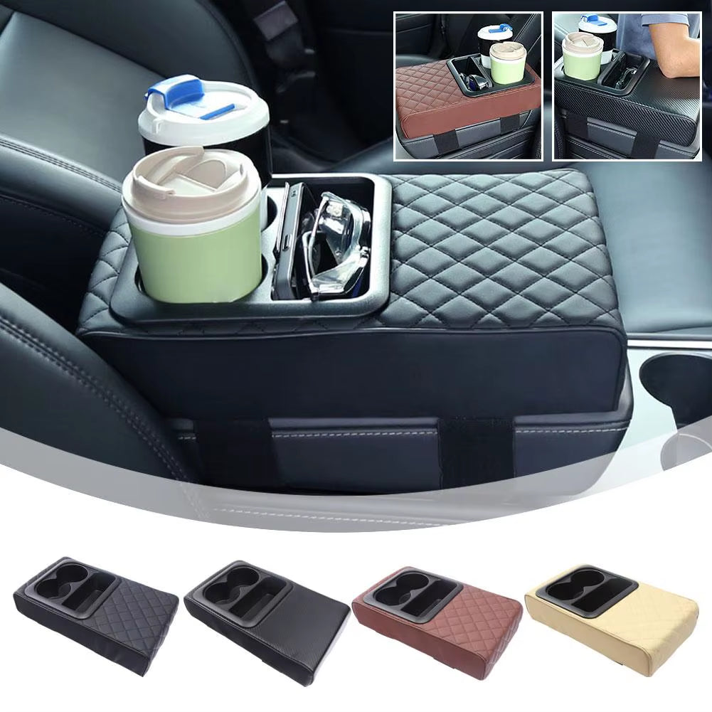 Auto Center Console Armrest Cushion with 2 Cup Holder Armrest Amrest Car Leather Portable Pad Cover PU Height Pad Pillow D4Z1