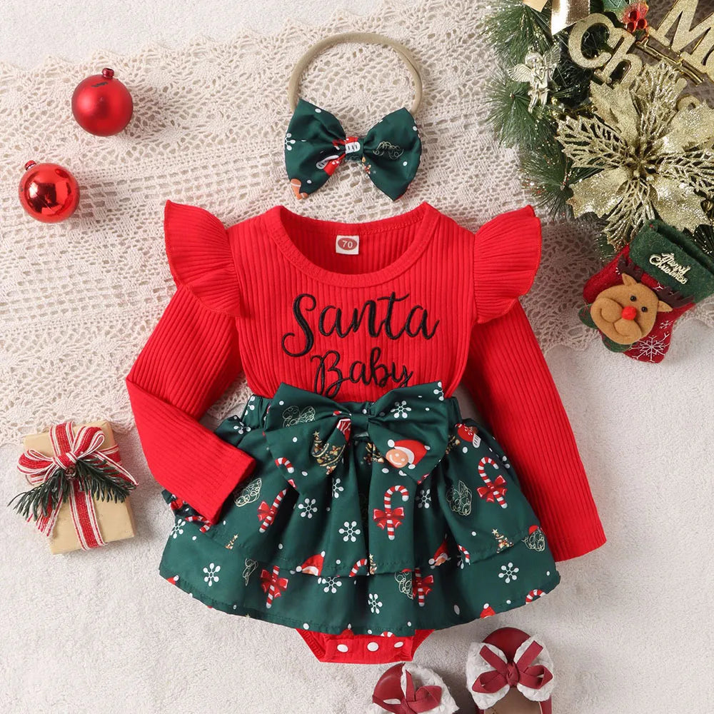Infant Baby Girls Christmas Clothes Bodysuit Cartoon Snowflake Print Bow Cake Skirt New Year Gift Baby Dress with Headwear