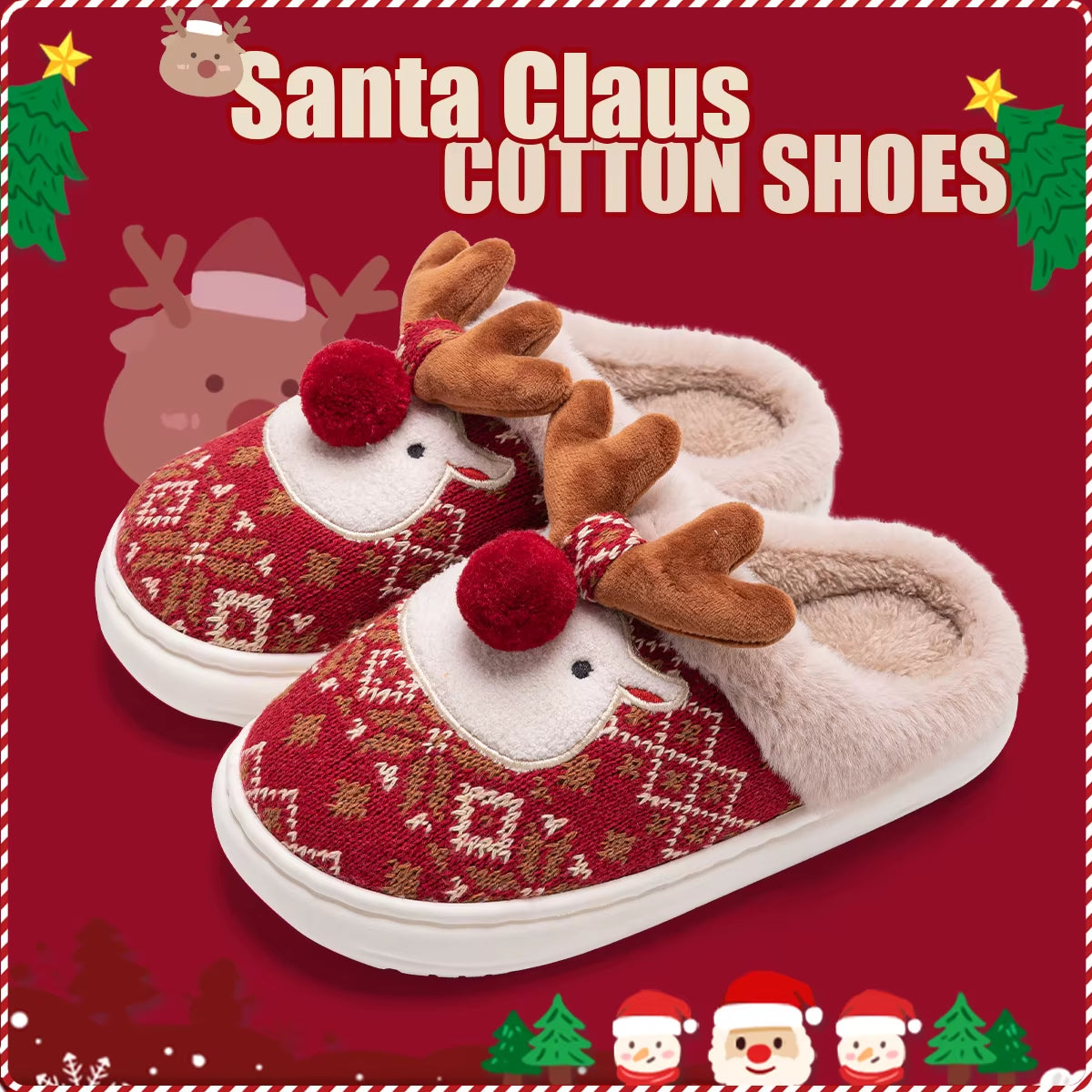 New Winter Lovely Women'S Slippers Home Cute Cartoon Cotton Slippers Christmas Deer Non-Slip House Shoes