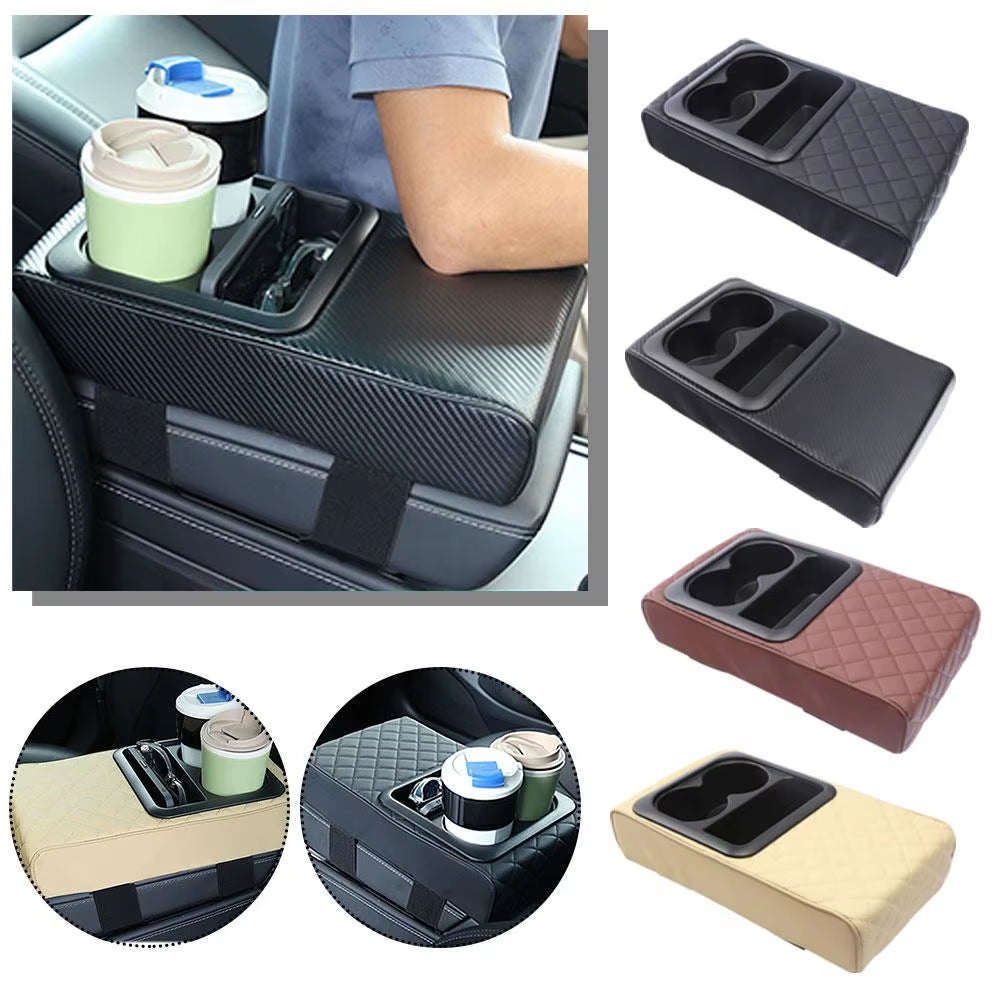 Auto Center Console Armrest Cushion with 2 Cup Holder Armrest Amrest Car Leather Portable Pad Cover PU Height Pad Pillow D4Z1