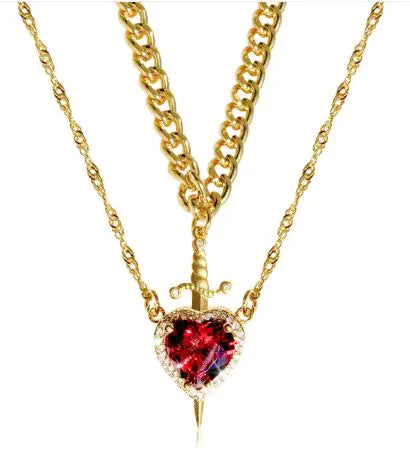 Heart and Sword Zircon Pendant Necklace