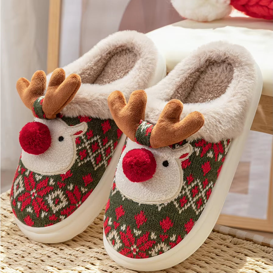 New Winter Lovely Women'S Slippers Home Cute Cartoon Cotton Slippers Christmas Deer Non-Slip House Shoes