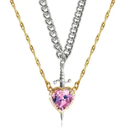 Heart and Sword Zircon Pendant Necklace